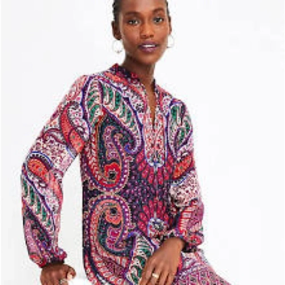 Loft Paisley Tie Neck Swing Dress Size xs Smooth Stone Women's - Picture 3 of 8